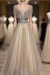 Champagne Round Neck Sequin Long Semi Formal Prom Dress, Tulle Semi Formal Prom Dress